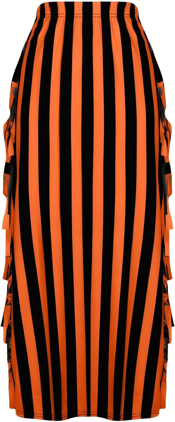 Womens Maxi Skirts Trendy Striped Color Block Side Tassels Slim Bodycon Skirts High Waist Fringe Long Pencil Skirts