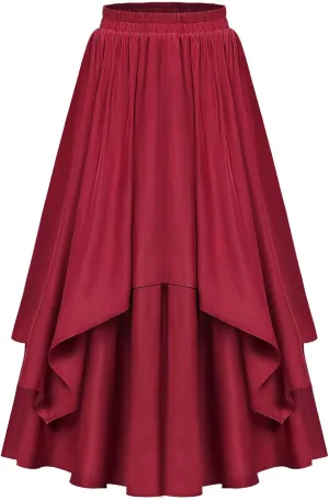 Womens Medieval Vintage Skirts Layered Pleated A-Line Midi Skirt Elastic Waist Trendy Solid Color Flowy Skirts