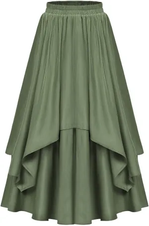 Womens Medieval Vintage Skirts Layered Pleated A-Line Midi Skirt Elastic Waist Trendy Solid Color Flowy Skirts