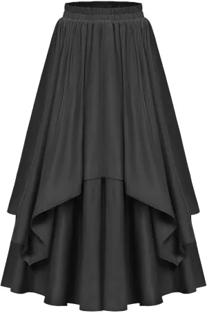 Womens Medieval Vintage Skirts Layered Pleated A-Line Midi Skirt Elastic Waist Trendy Solid Color Flowy Skirts
