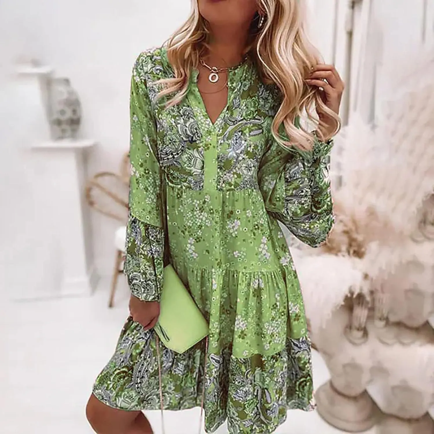 Women's Midi Floral Summer Boho Dress Sundresses for Women Long Sleeve V Neck Ruffle Flowy Tummy Hiding Dress 2025