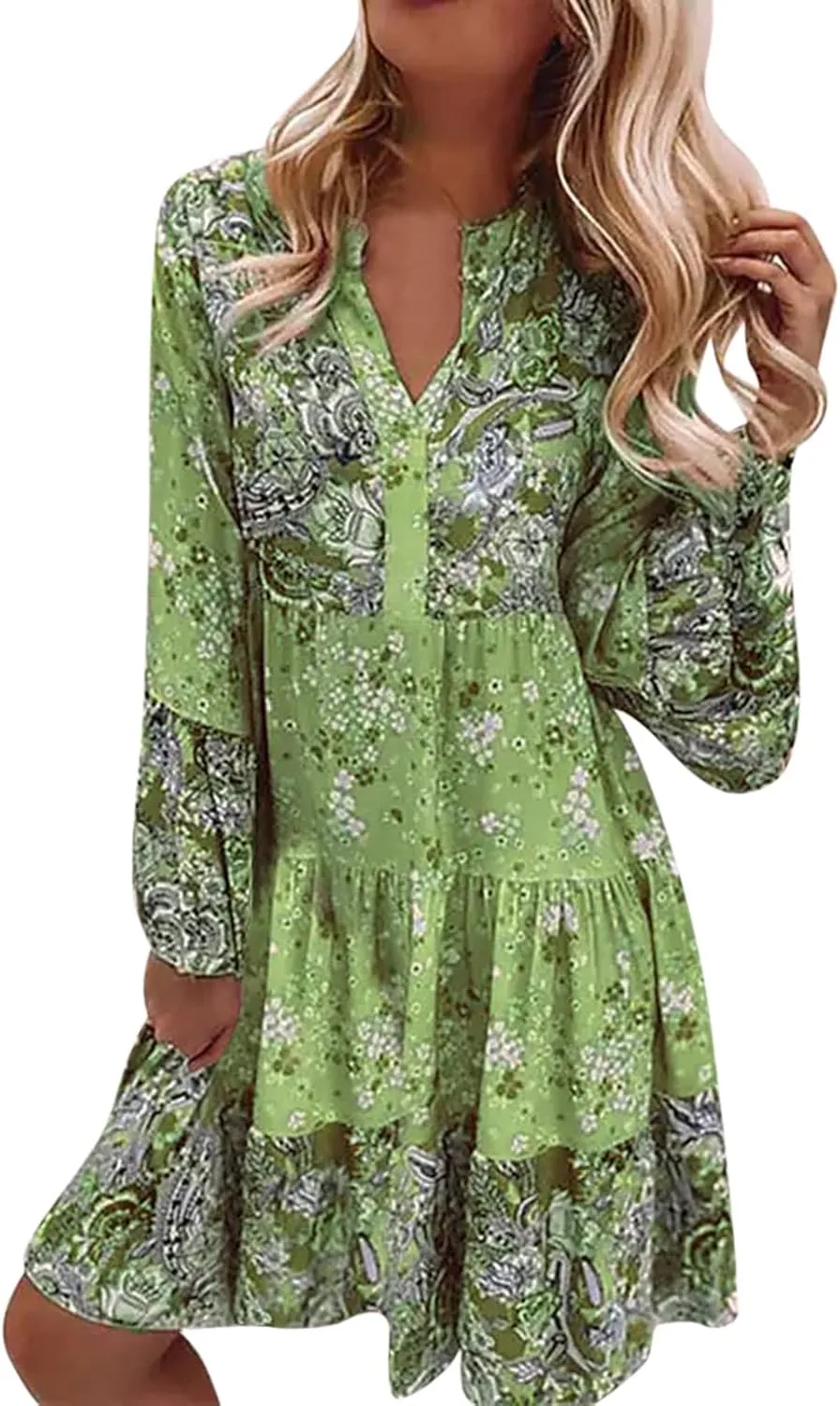 Women's Midi Floral Summer Boho Dress Sundresses for Women Long Sleeve V Neck Ruffle Flowy Tummy Hiding Dress 2025