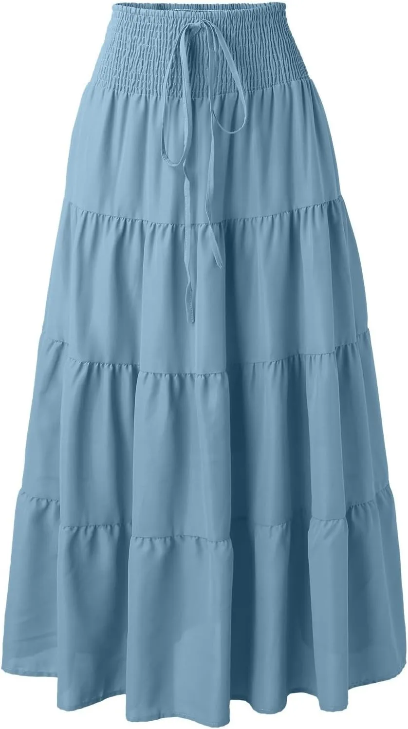 Women's Midi Skirt Summer Flowy High Waisted Casual Cotton Skirts 2025 Beach Holiday Casual Skirt
