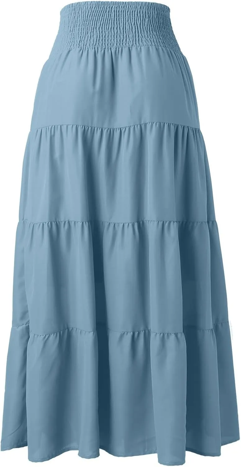Women's Midi Skirt Summer Flowy High Waisted Casual Cotton Skirts 2025 Beach Holiday Casual Skirt