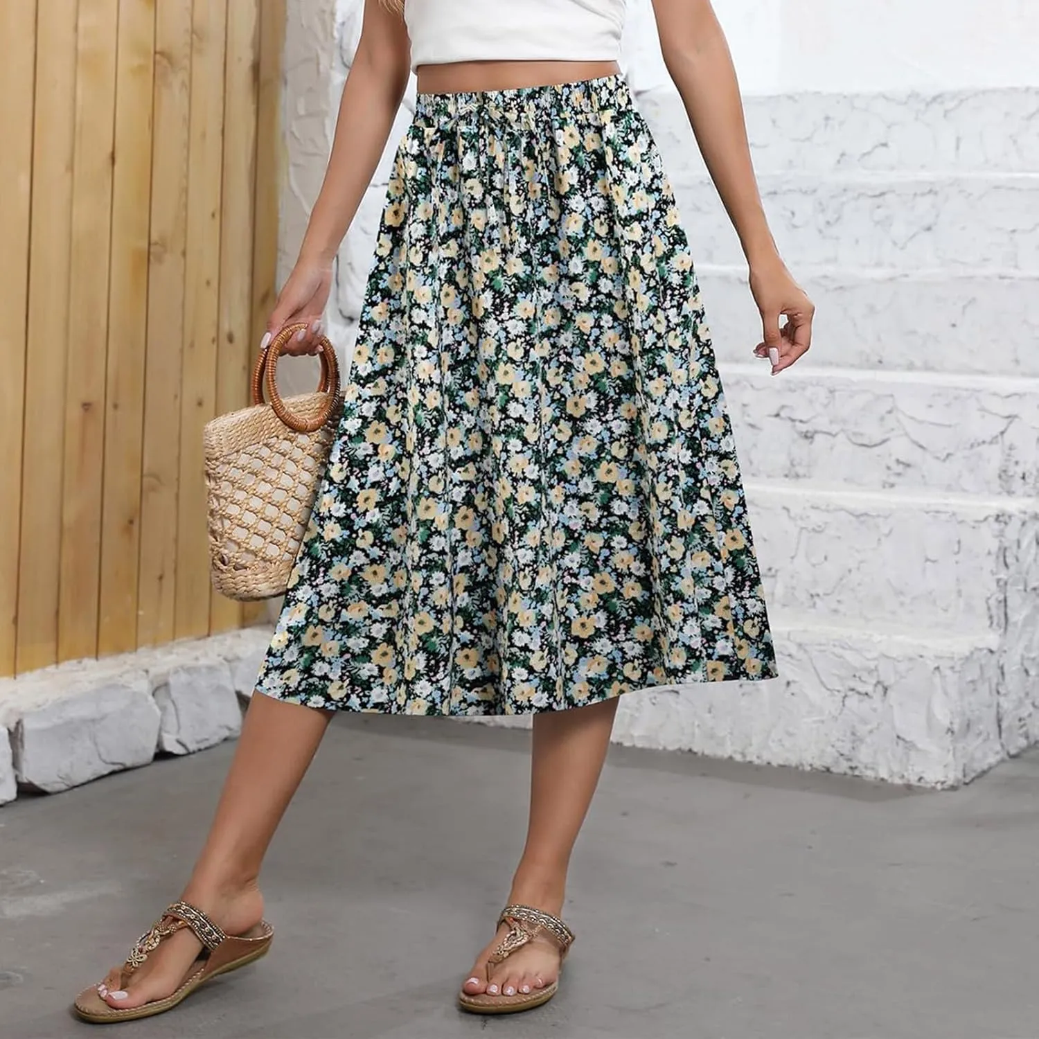 Women's Midi Skirts Summer Elastic Waist Printed/Solid Flowy Skirts Trendy Pleated Cute A-Line Skirt with Pockets