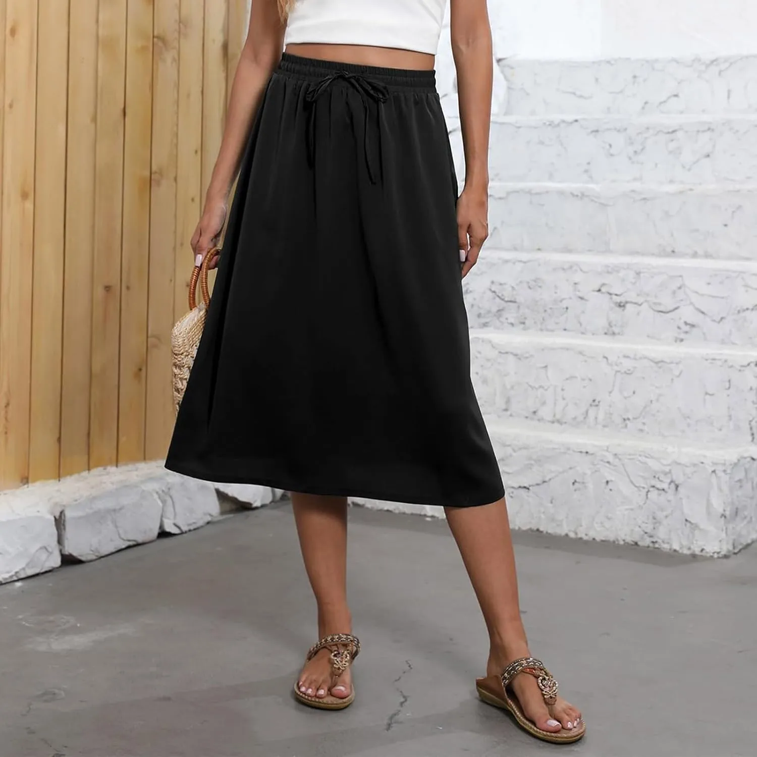 Women's Midi Skirts Summer Elastic Waist Printed/Solid Flowy Skirts Trendy Pleated Cute A-Line Skirt with Pockets