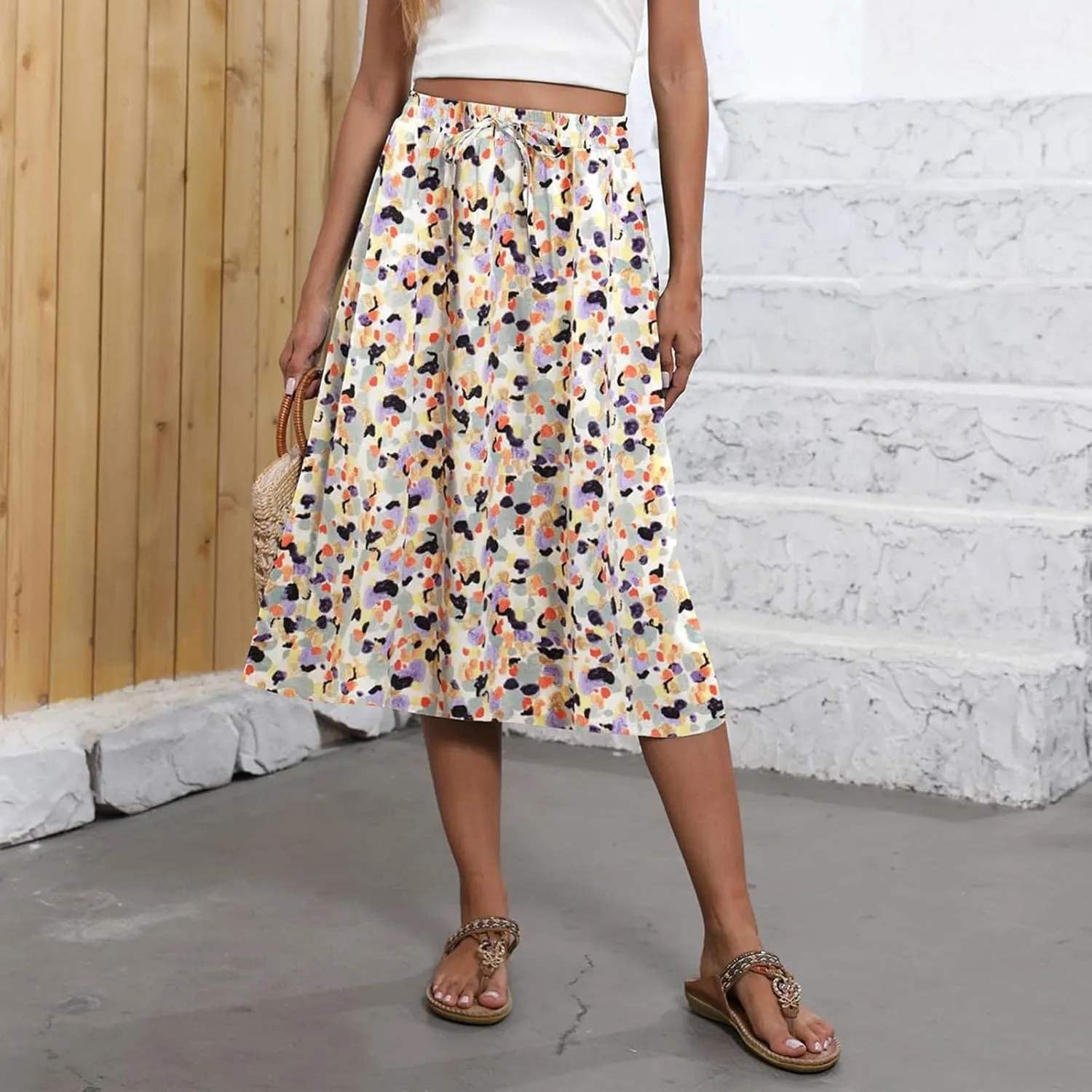Women's Midi Skirts Summer Elastic Waist Printed/Solid Flowy Skirts Trendy Pleated Cute A-Line Skirt with Pockets