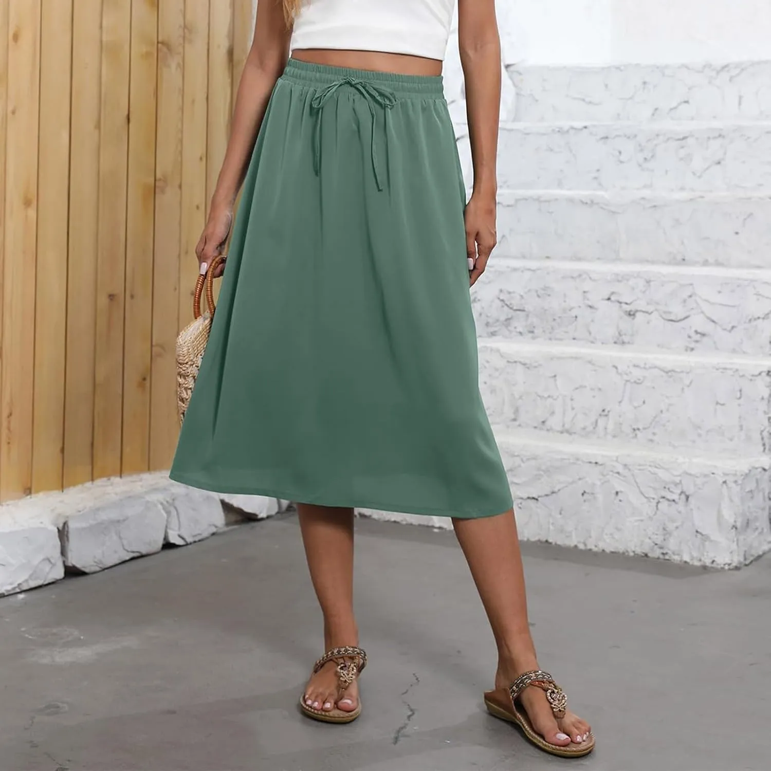 Women's Midi Skirts Summer Elastic Waist Printed/Solid Flowy Skirts Trendy Pleated Cute A-Line Skirt with Pockets