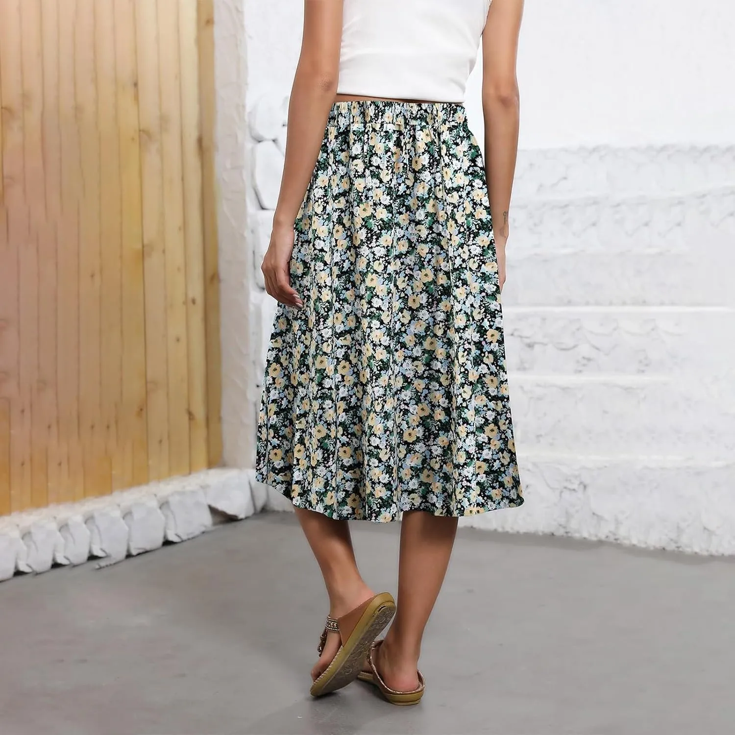 Women's Midi Skirts Summer Elastic Waist Printed/Solid Flowy Skirts Trendy Pleated Cute A-Line Skirt with Pockets