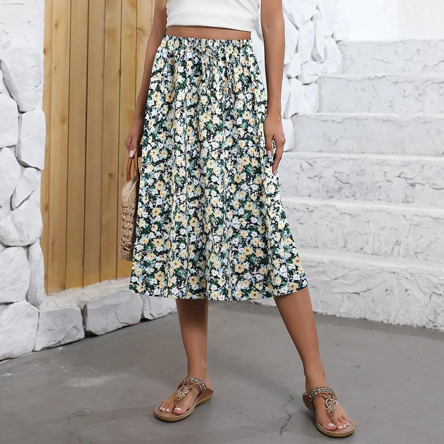 Women's Midi Skirts Summer Elastic Waist Printed/Solid Flowy Skirts Trendy Pleated Cute A-Line Skirt with Pockets