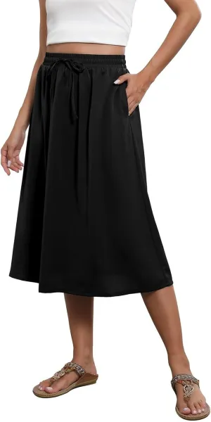 Women's Midi Skirts Summer Elastic Waist Printed/Solid Flowy Skirts Trendy Pleated Cute A-Line Skirt with Pockets