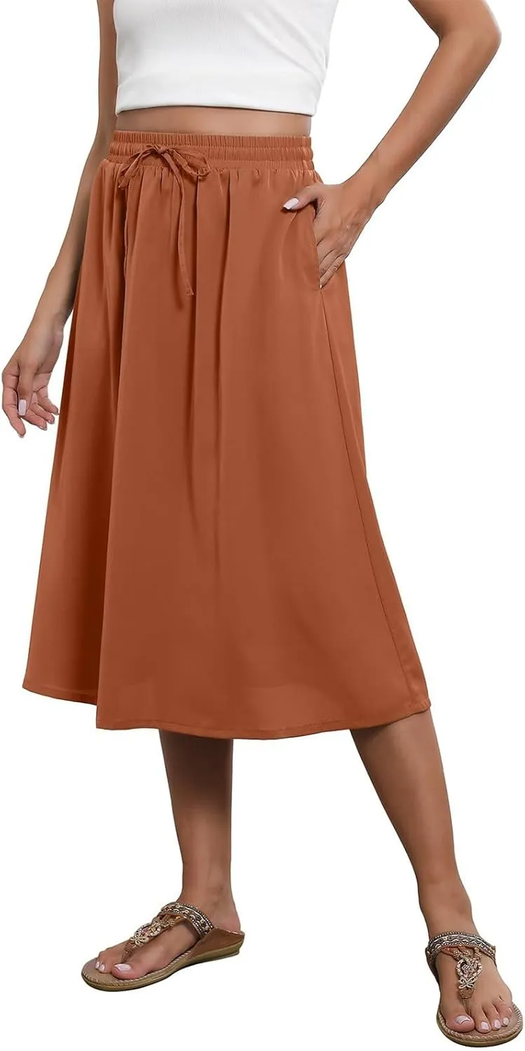 Women's Midi Skirts Summer Elastic Waist Printed/Solid Flowy Skirts Trendy Pleated Cute A-Line Skirt with Pockets