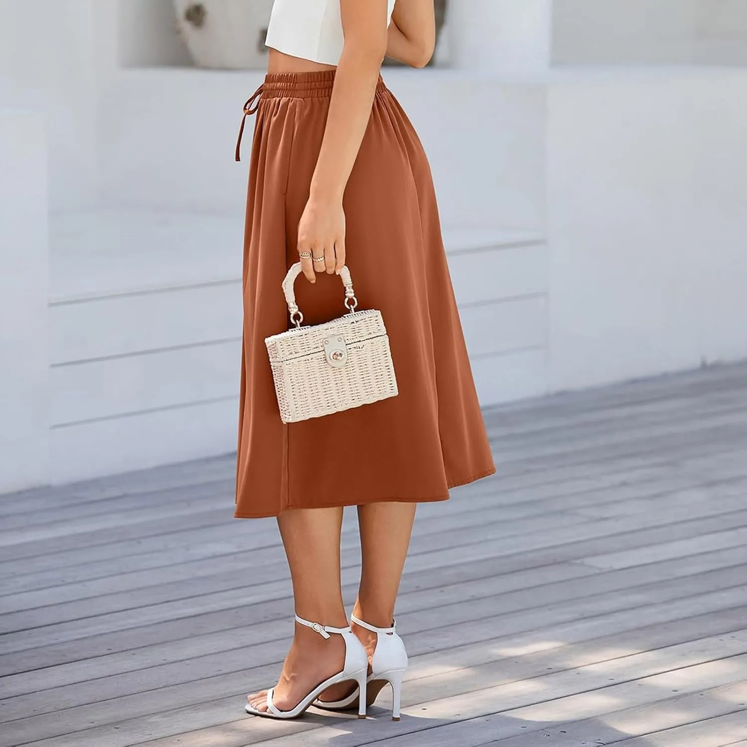 Women's Midi Skirts Summer Elastic Waist Printed/Solid Flowy Skirts Trendy Pleated Cute A-Line Skirt with Pockets