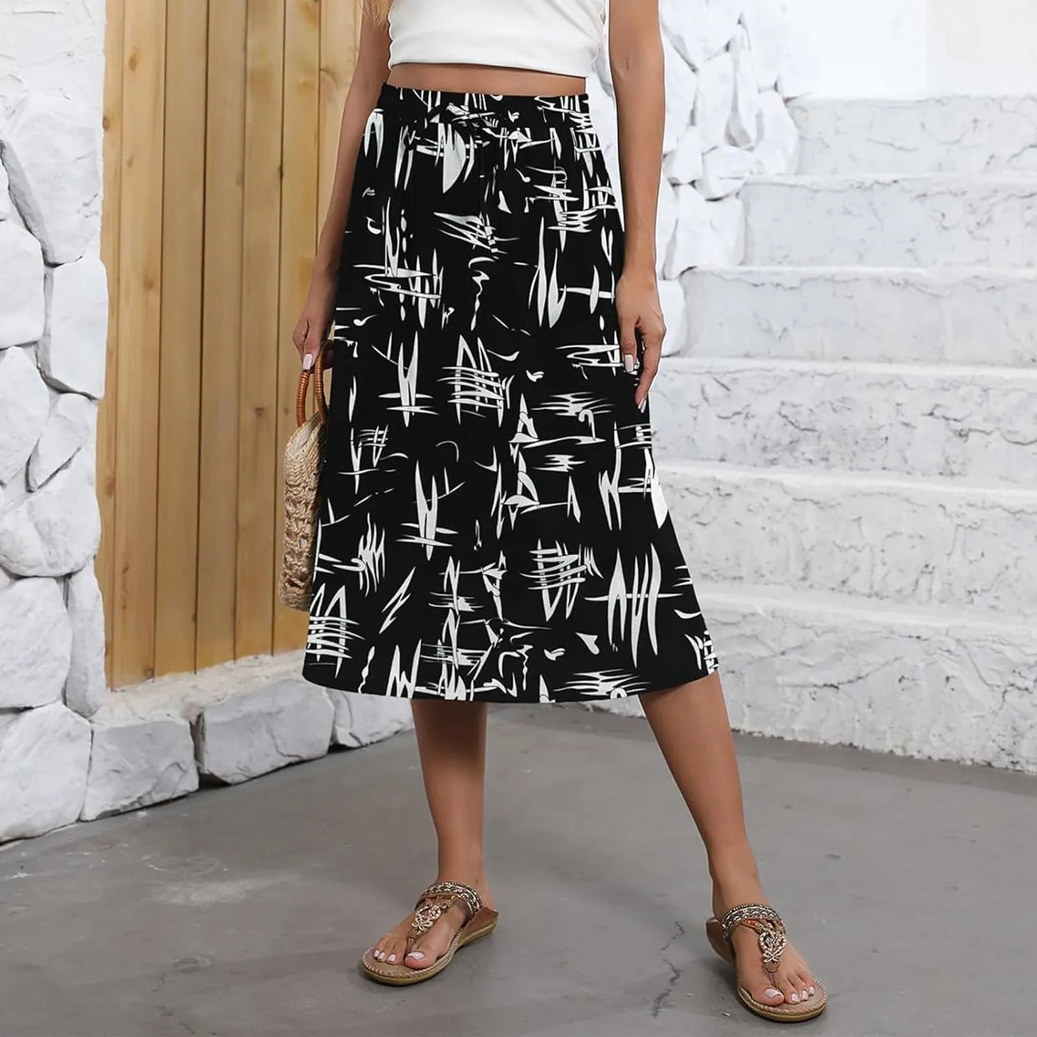 Women's Midi Skirts Summer Elastic Waist Printed/Solid Flowy Skirts Trendy Pleated Cute A-Line Skirt with Pockets