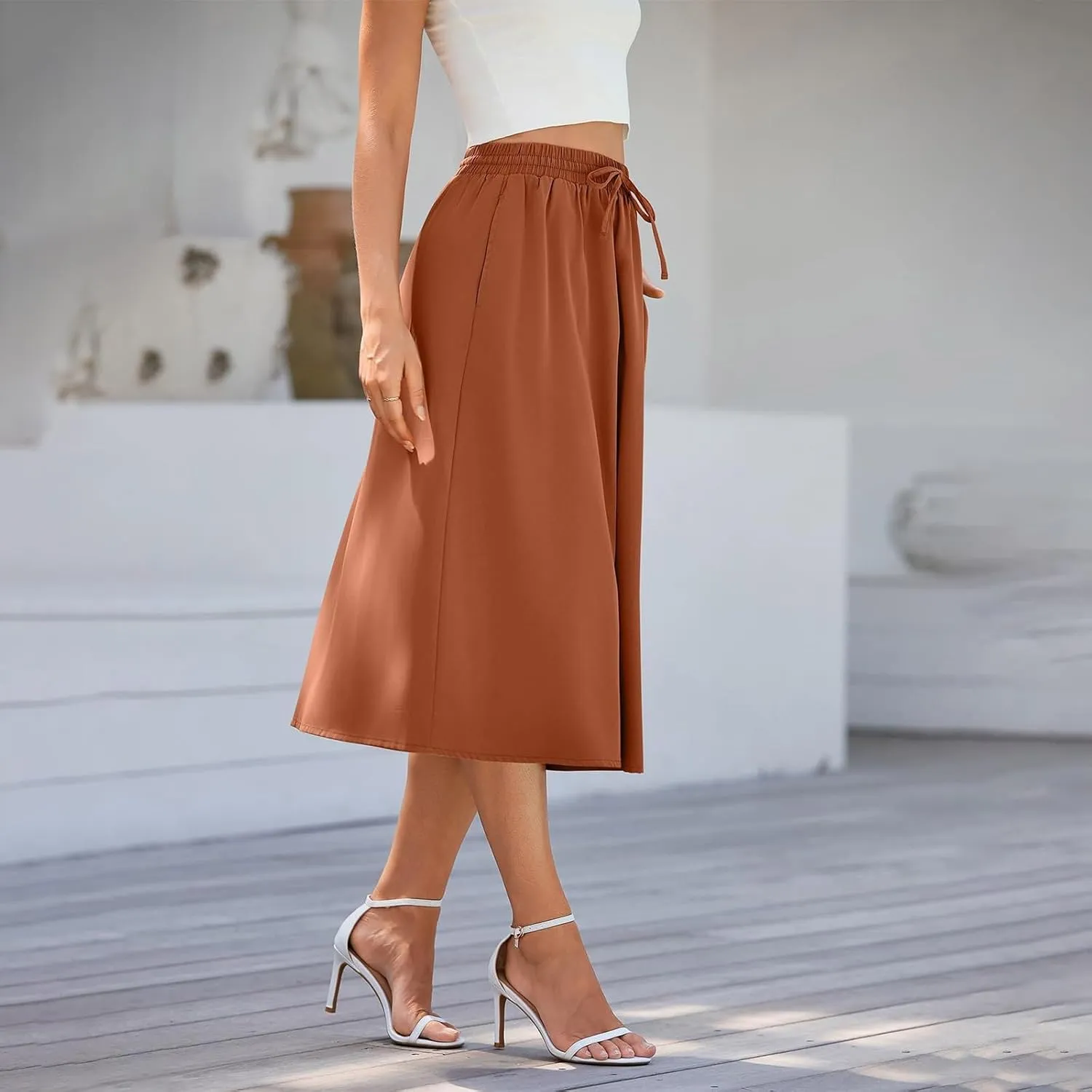 Women's Midi Skirts Summer Elastic Waist Printed/Solid Flowy Skirts Trendy Pleated Cute A-Line Skirt with Pockets
