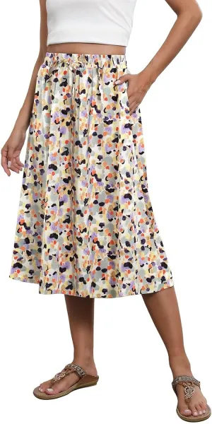 Women's Midi Skirts Summer Elastic Waist Printed/Solid Flowy Skirts Trendy Pleated Cute A-Line Skirt with Pockets