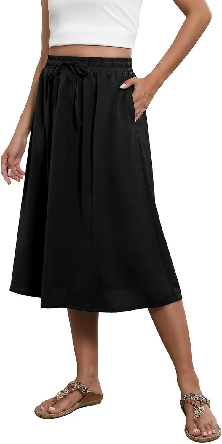 Women's Midi Skirts Summer Elastic Waist Printed/Solid Flowy Skirts Trendy Pleated Cute A-Line Skirt with Pockets
