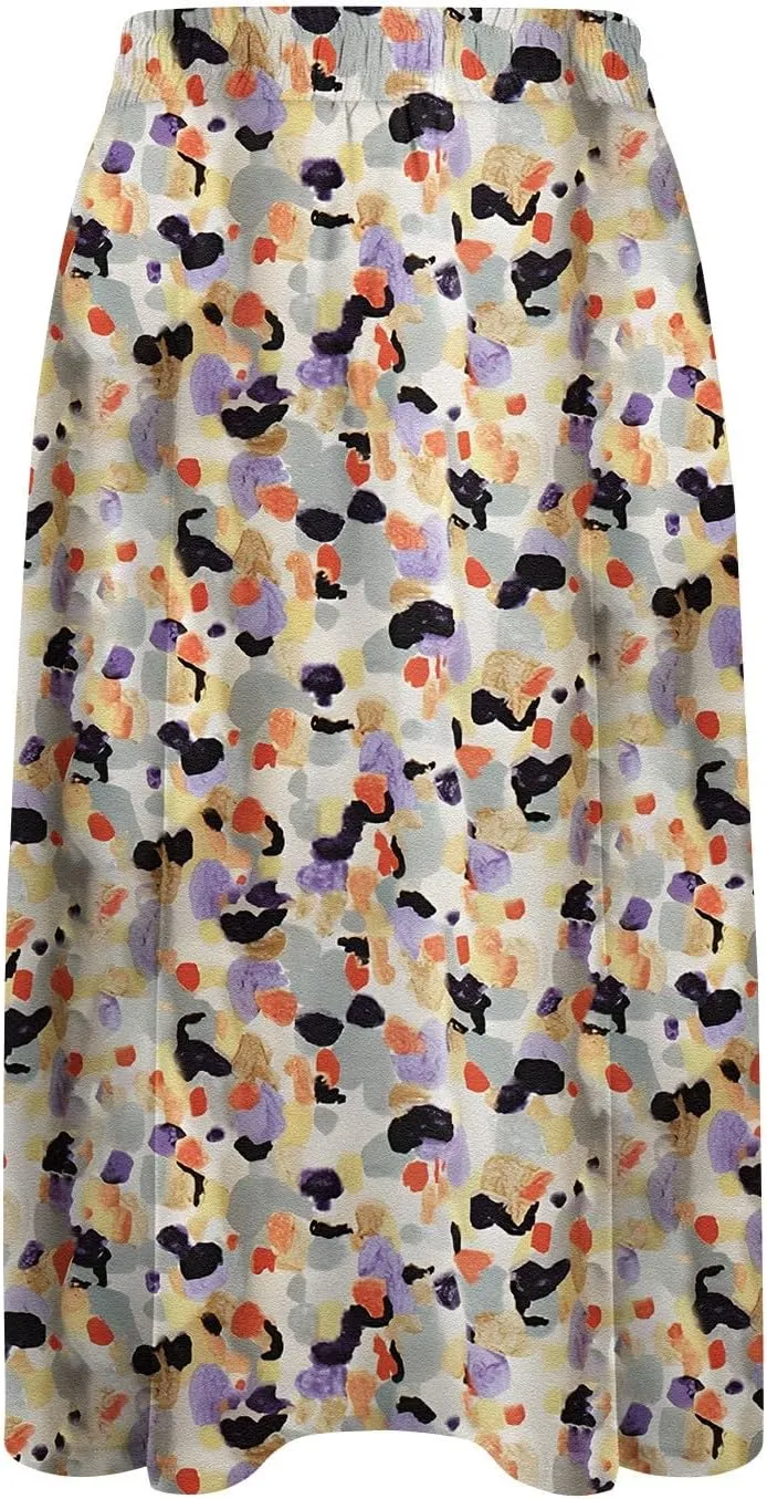 Women's Midi Skirts Summer Elastic Waist Printed/Solid Flowy Skirts Trendy Pleated Cute A-Line Skirt with Pockets