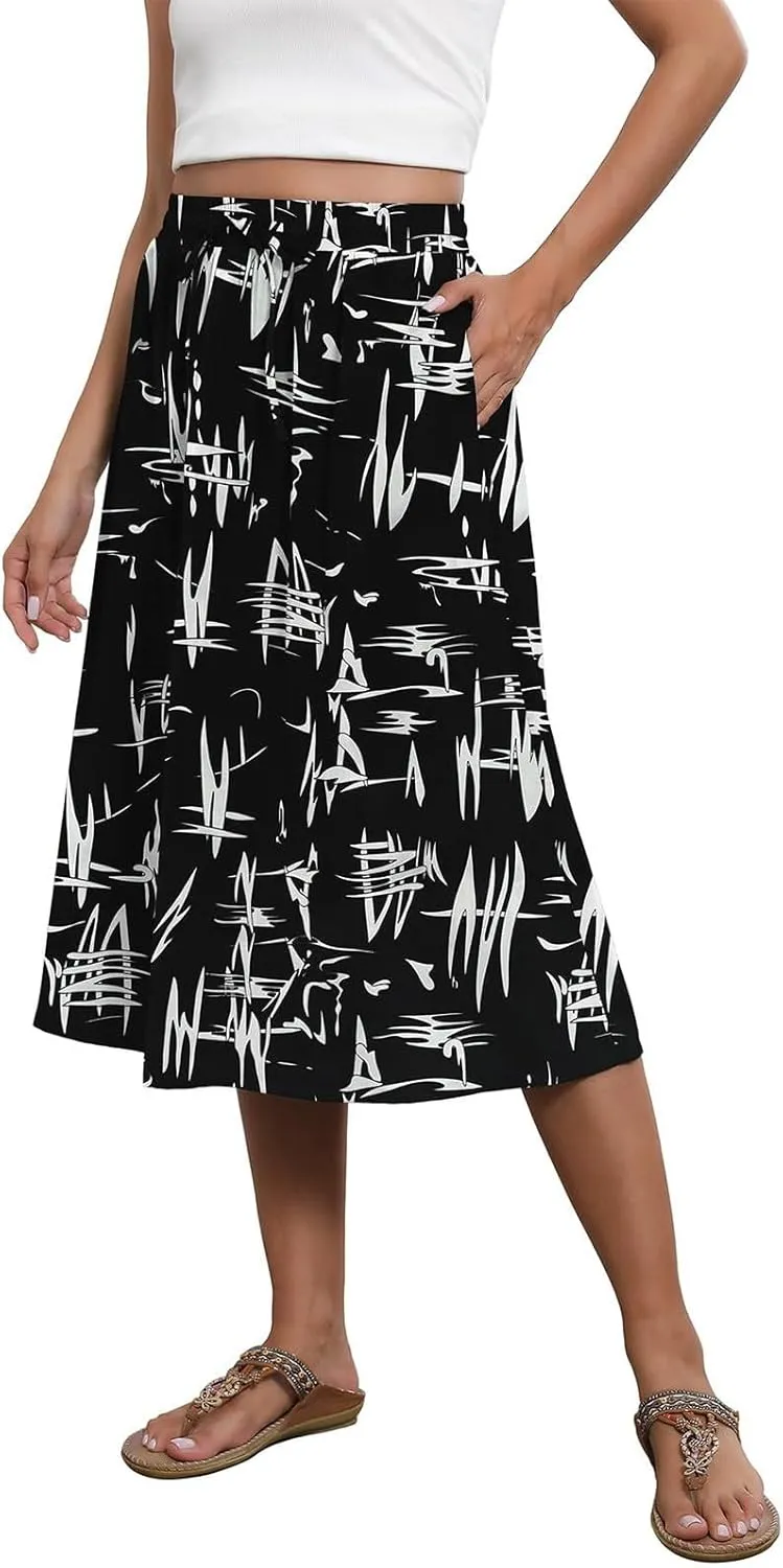 Women's Midi Skirts Summer Elastic Waist Printed/Solid Flowy Skirts Trendy Pleated Cute A-Line Skirt with Pockets