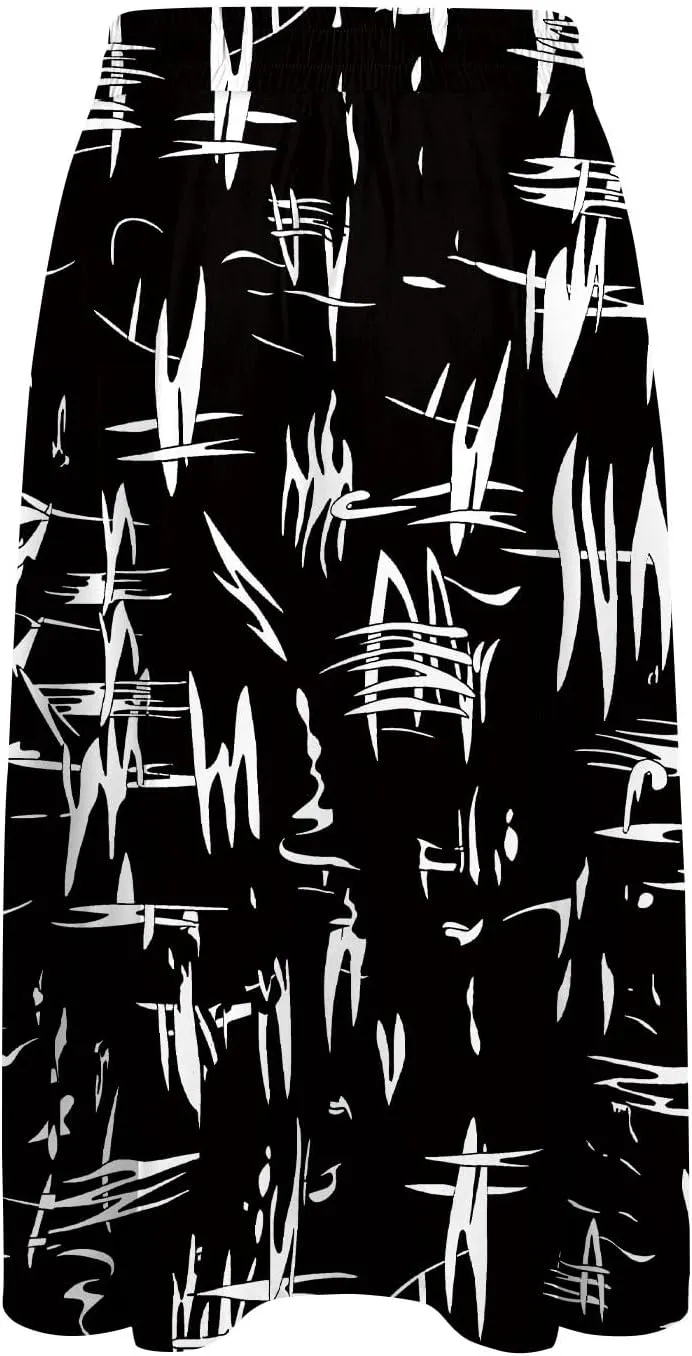 Women's Midi Skirts Summer Elastic Waist Printed/Solid Flowy Skirts Trendy Pleated Cute A-Line Skirt with Pockets