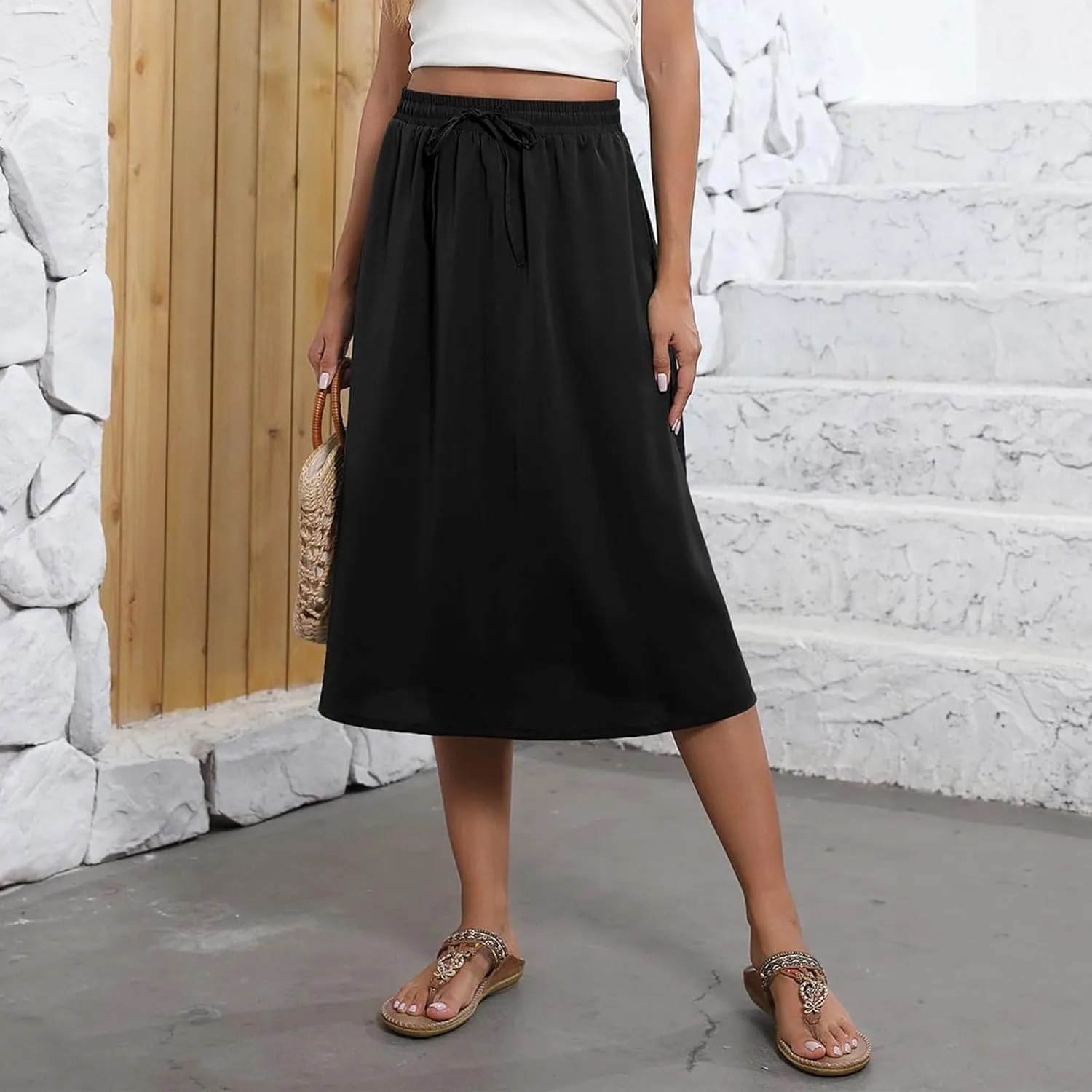 Women's Midi Skirts Summer Elastic Waist Printed/Solid Flowy Skirts Trendy Pleated Cute A-Line Skirt with Pockets