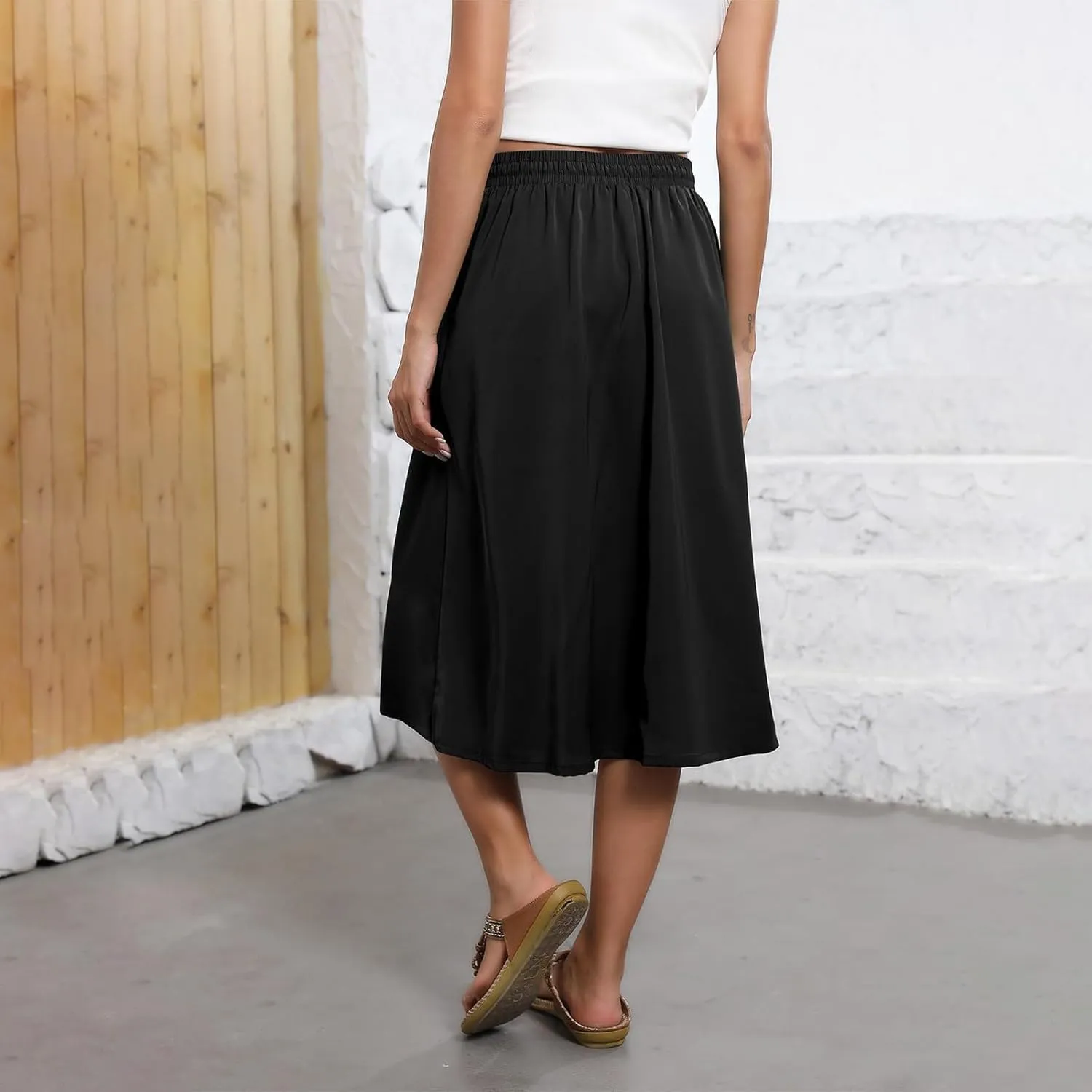 Women's Midi Skirts Summer Elastic Waist Printed/Solid Flowy Skirts Trendy Pleated Cute A-Line Skirt with Pockets