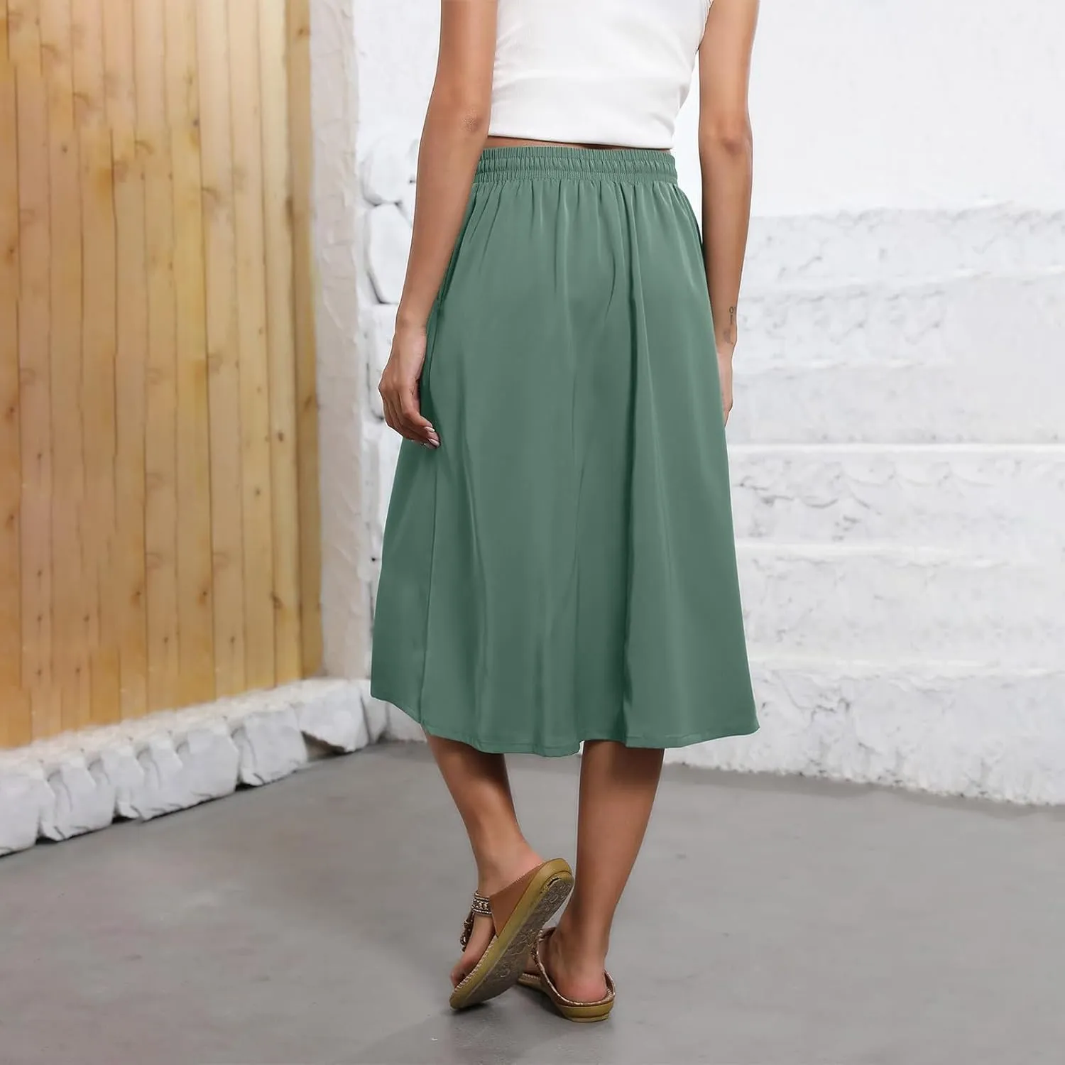 Women's Midi Skirts Summer Elastic Waist Printed/Solid Flowy Skirts Trendy Pleated Cute A-Line Skirt with Pockets