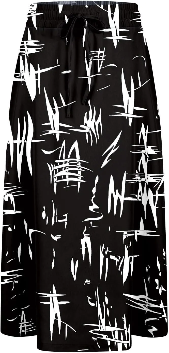 Women's Midi Skirts Summer Elastic Waist Printed/Solid Flowy Skirts Trendy Pleated Cute A-Line Skirt with Pockets