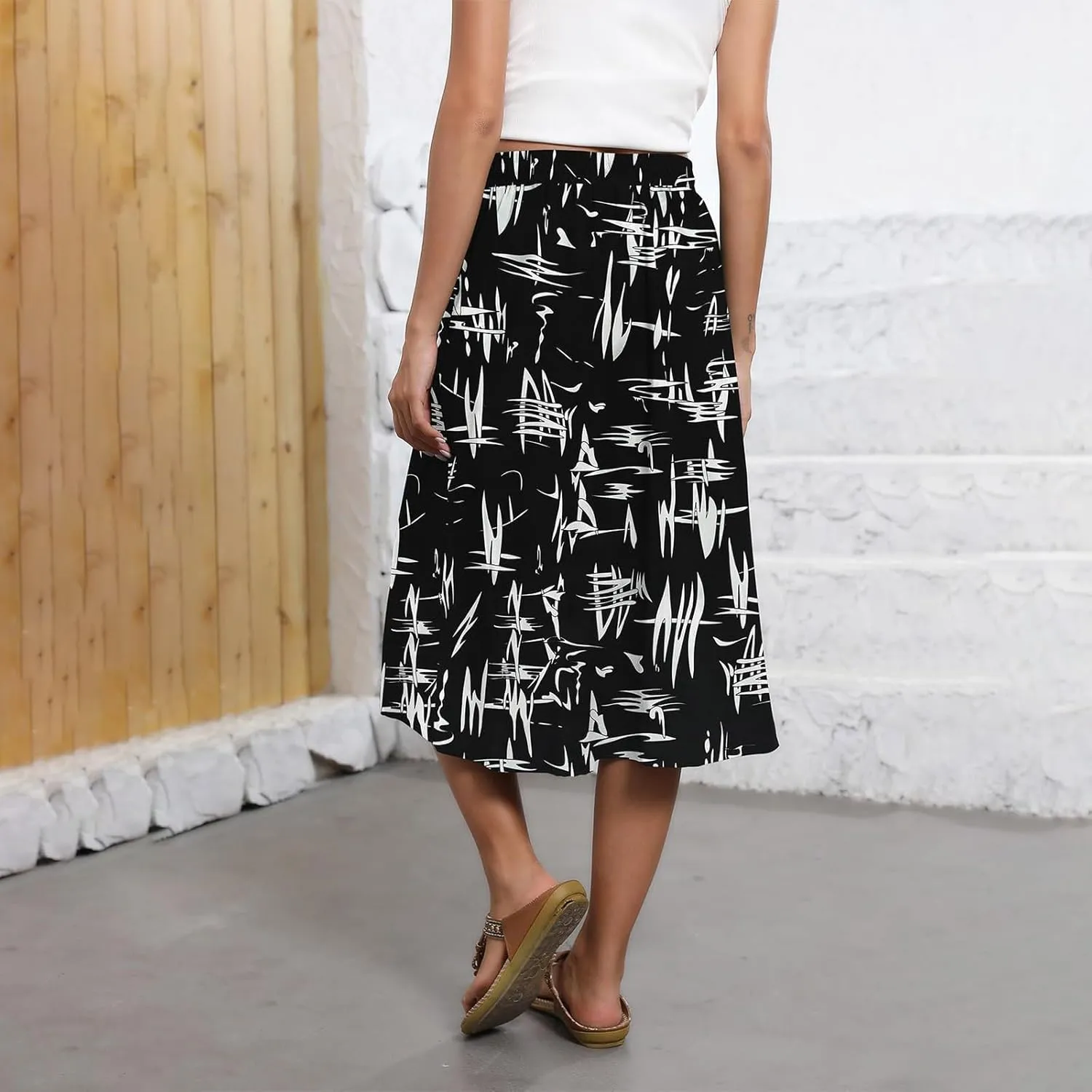 Women's Midi Skirts Summer Elastic Waist Printed/Solid Flowy Skirts Trendy Pleated Cute A-Line Skirt with Pockets