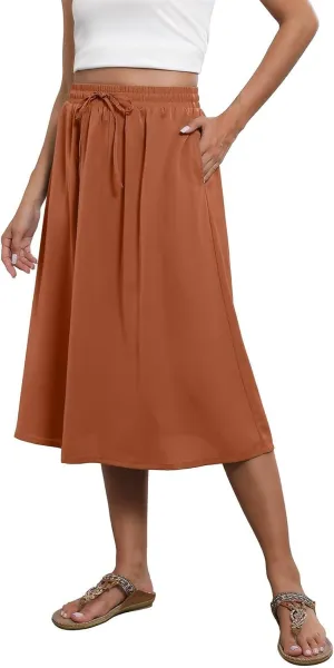 Women's Midi Skirts Summer Elastic Waist Printed/Solid Flowy Skirts Trendy Pleated Cute A-Line Skirt with Pockets