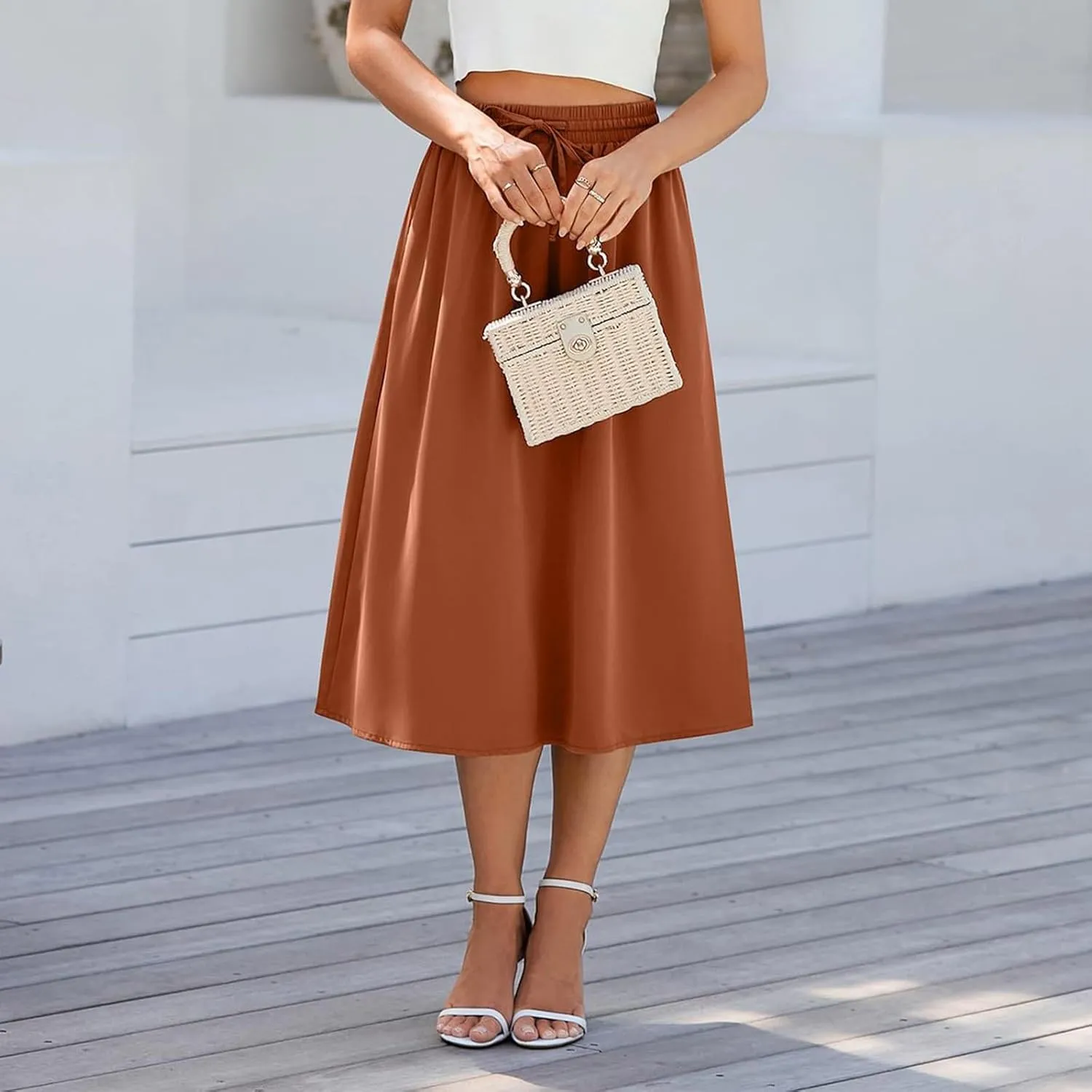Women's Midi Skirts Summer Elastic Waist Printed/Solid Flowy Skirts Trendy Pleated Cute A-Line Skirt with Pockets