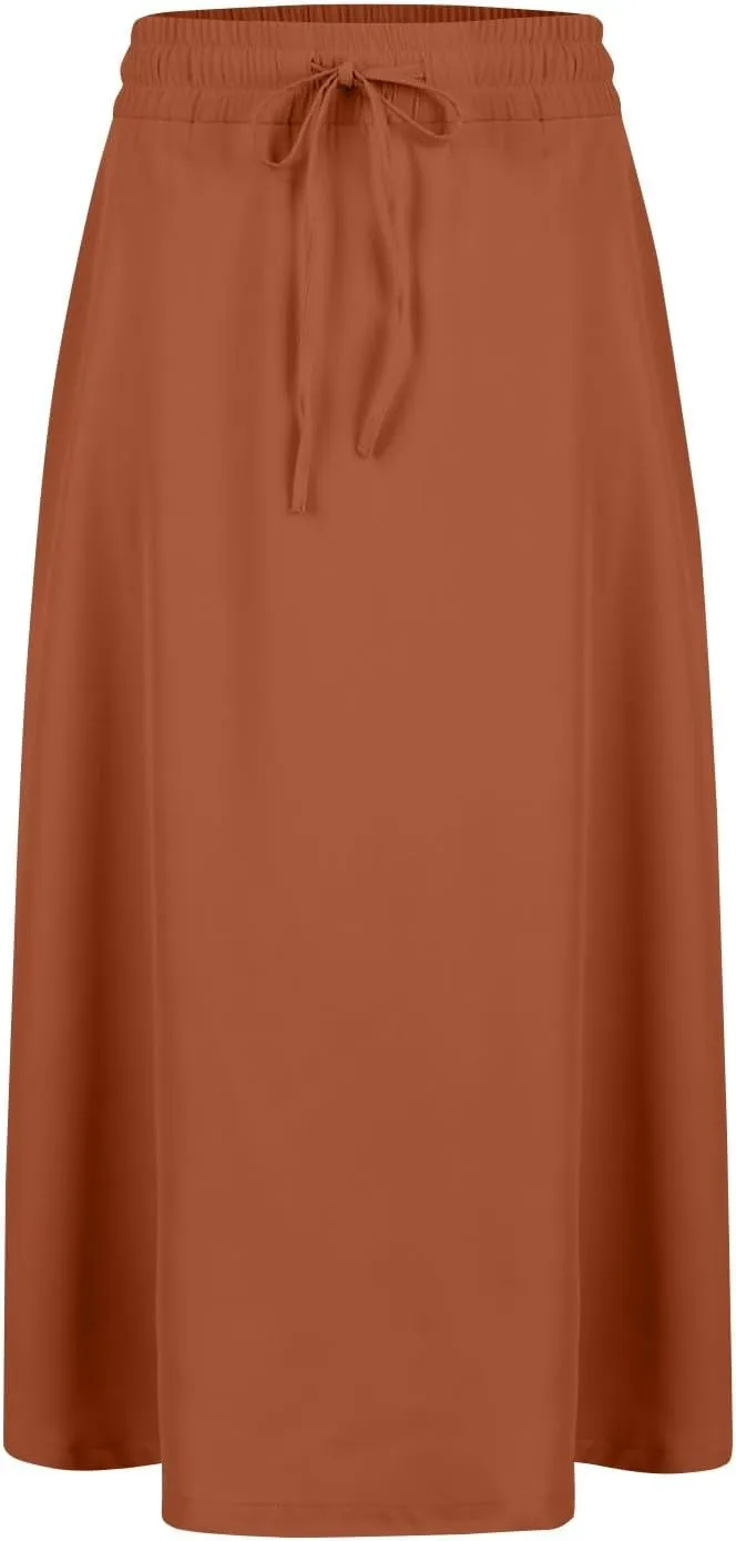 Women's Midi Skirts Summer Elastic Waist Printed/Solid Flowy Skirts Trendy Pleated Cute A-Line Skirt with Pockets