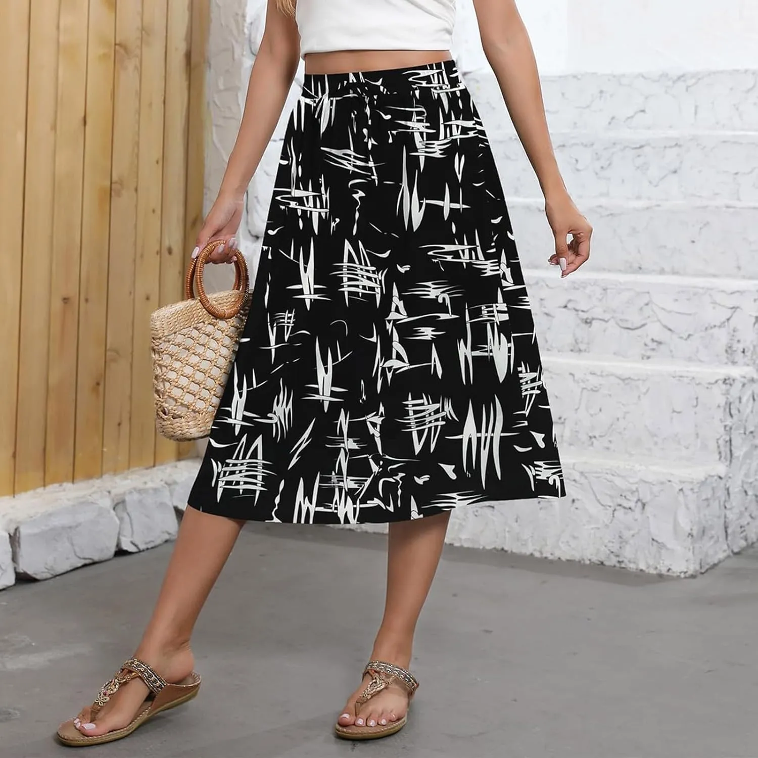 Women's Midi Skirts Summer Elastic Waist Printed/Solid Flowy Skirts Trendy Pleated Cute A-Line Skirt with Pockets