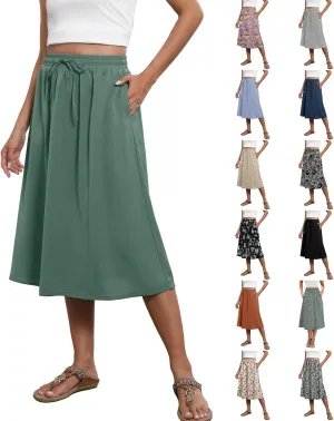 Women's Midi Skirts Summer Elastic Waist Printed/Solid Flowy Skirts Trendy Pleated Cute A-Line Skirt with Pockets