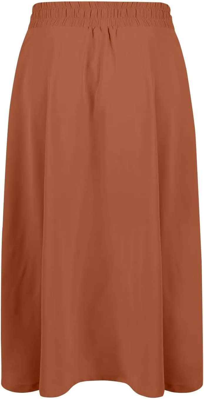 Women's Midi Skirts Summer Elastic Waist Printed/Solid Flowy Skirts Trendy Pleated Cute A-Line Skirt with Pockets