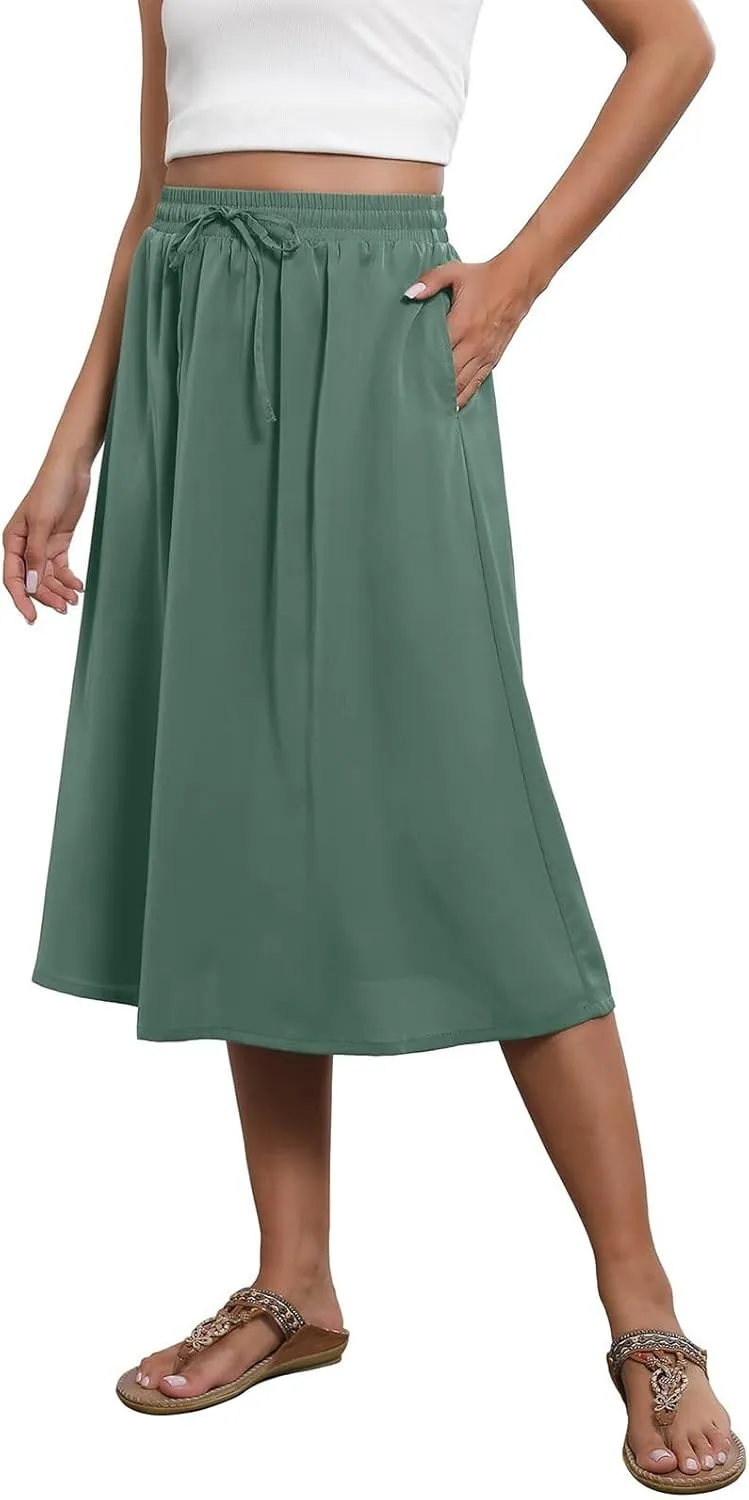 Women's Midi Skirts Summer Elastic Waist Printed/Solid Flowy Skirts Trendy Pleated Cute A-Line Skirt with Pockets