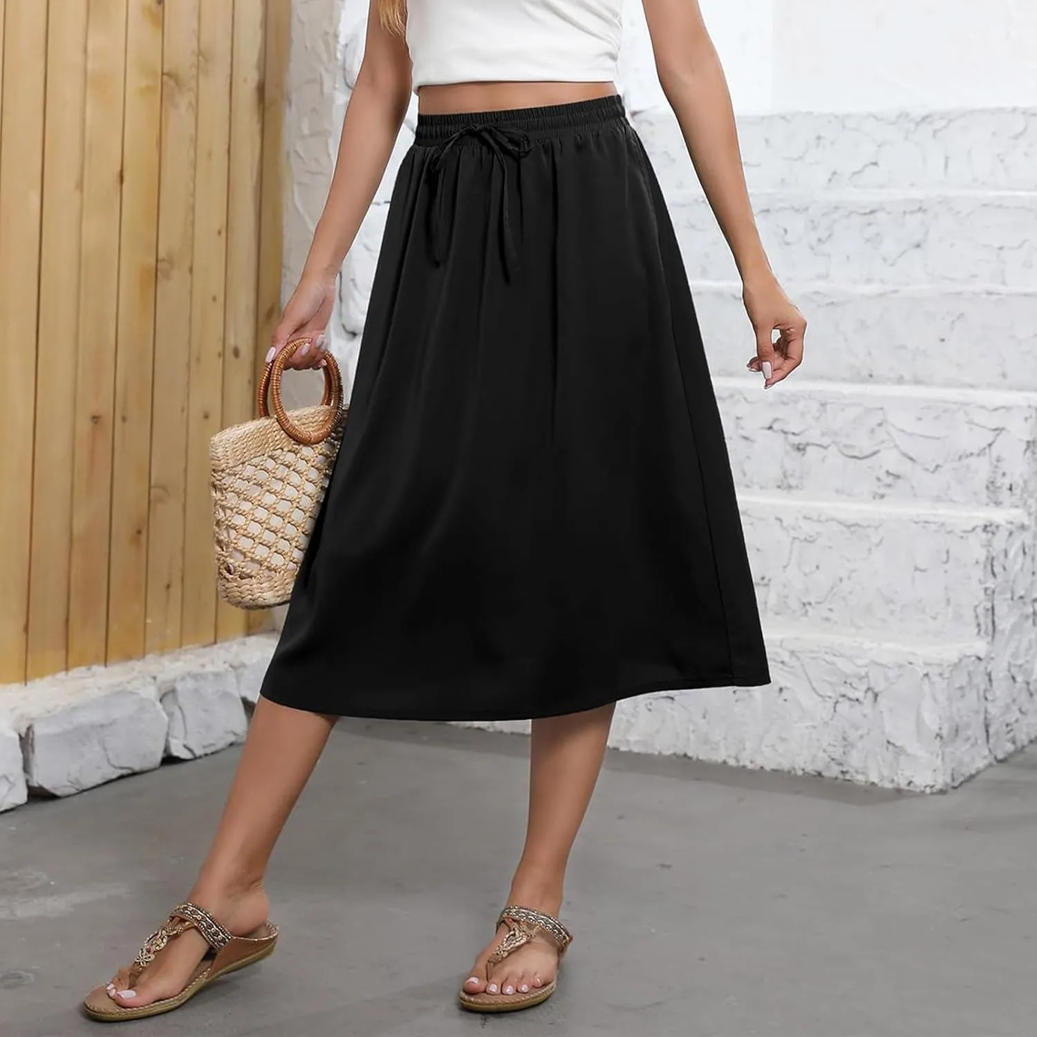 Women's Midi Skirts Summer Elastic Waist Printed/Solid Flowy Skirts Trendy Pleated Cute A-Line Skirt with Pockets