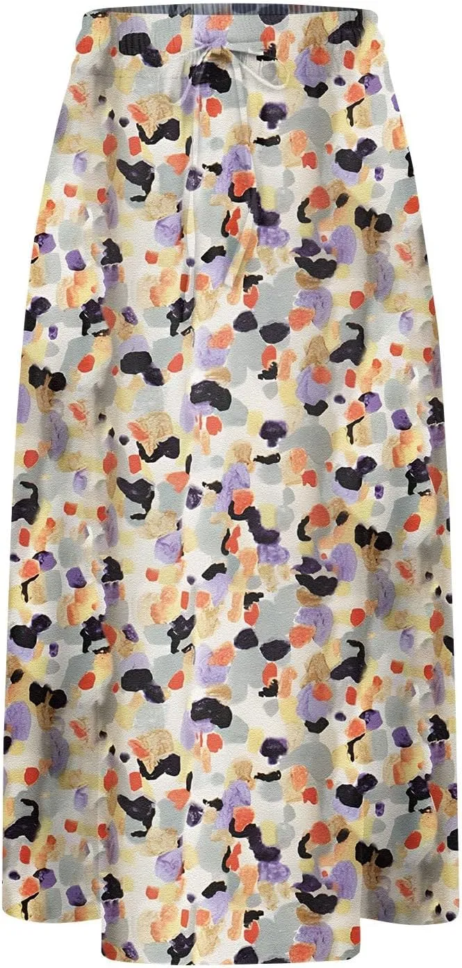 Women's Midi Skirts Summer Elastic Waist Printed/Solid Flowy Skirts Trendy Pleated Cute A-Line Skirt with Pockets