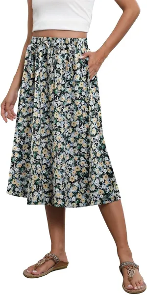 Women's Midi Skirts Summer Elastic Waist Printed/Solid Flowy Skirts Trendy Pleated Cute A-Line Skirt with Pockets