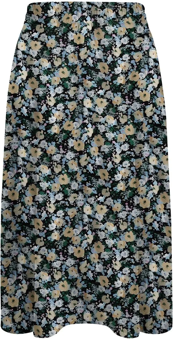 Women's Midi Skirts Summer Elastic Waist Printed/Solid Flowy Skirts Trendy Pleated Cute A-Line Skirt with Pockets