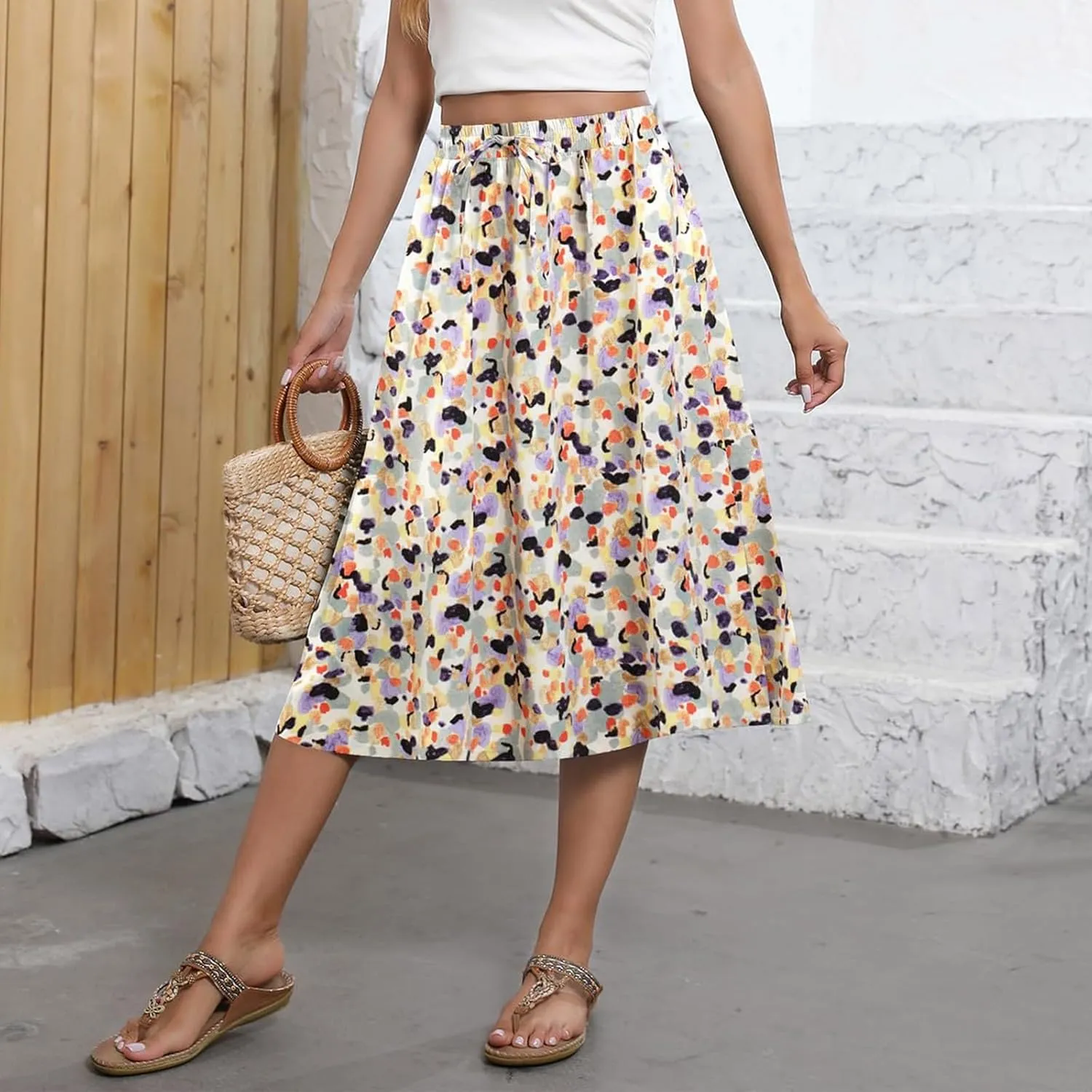 Women's Midi Skirts Summer Elastic Waist Printed/Solid Flowy Skirts Trendy Pleated Cute A-Line Skirt with Pockets
