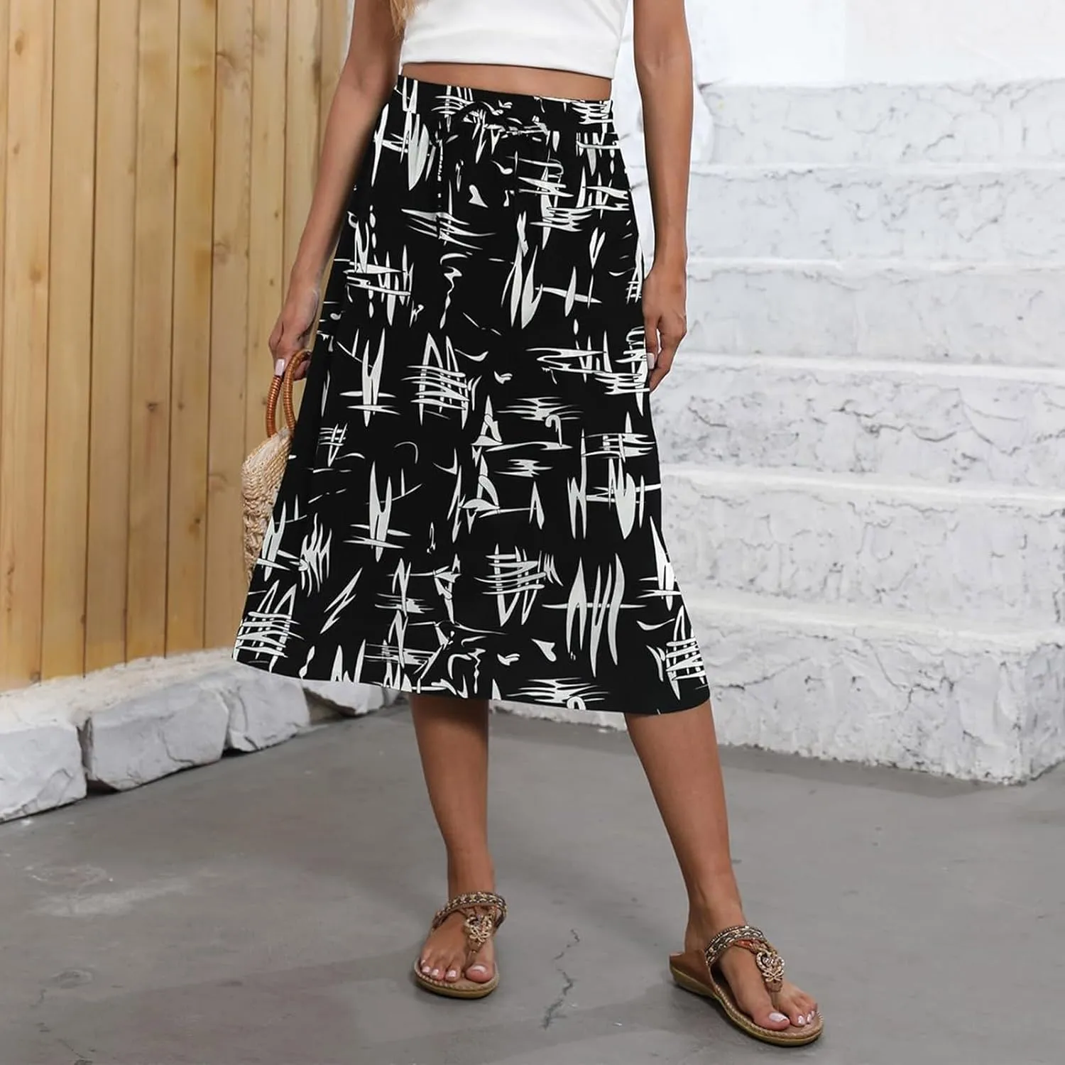 Women's Midi Skirts Summer Elastic Waist Printed/Solid Flowy Skirts Trendy Pleated Cute A-Line Skirt with Pockets