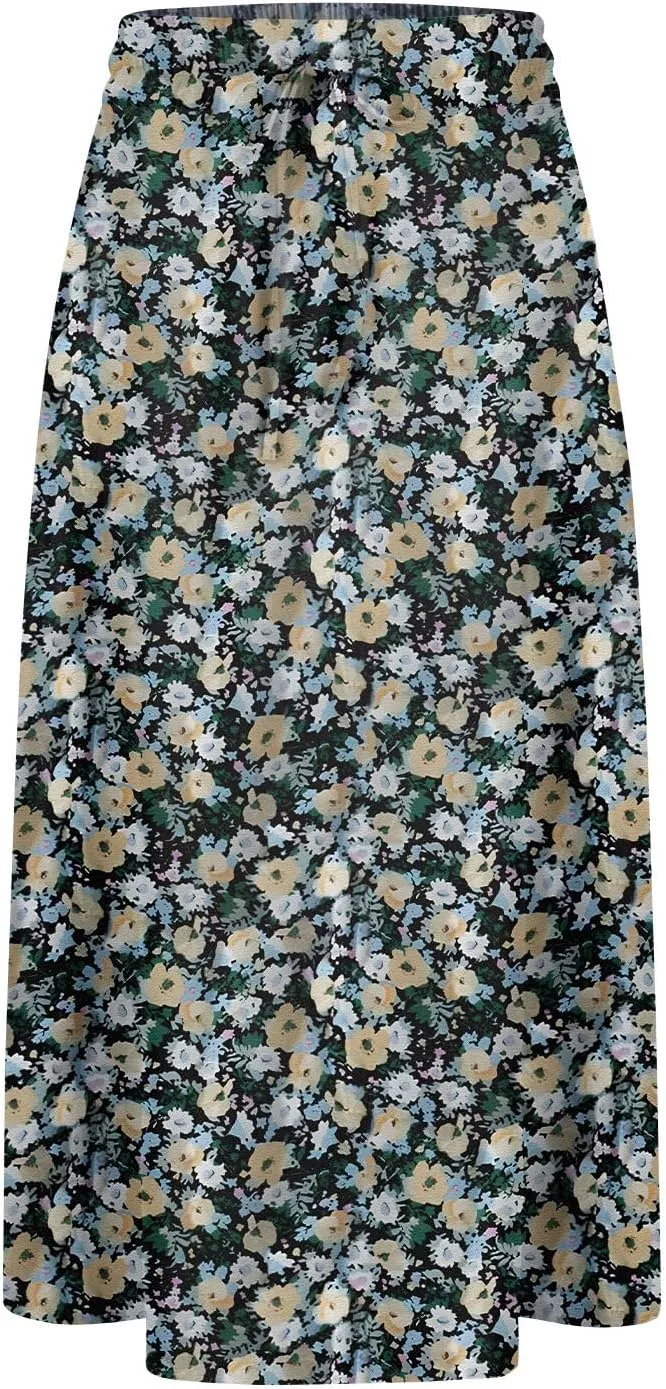 Women's Midi Skirts Summer Elastic Waist Printed/Solid Flowy Skirts Trendy Pleated Cute A-Line Skirt with Pockets
