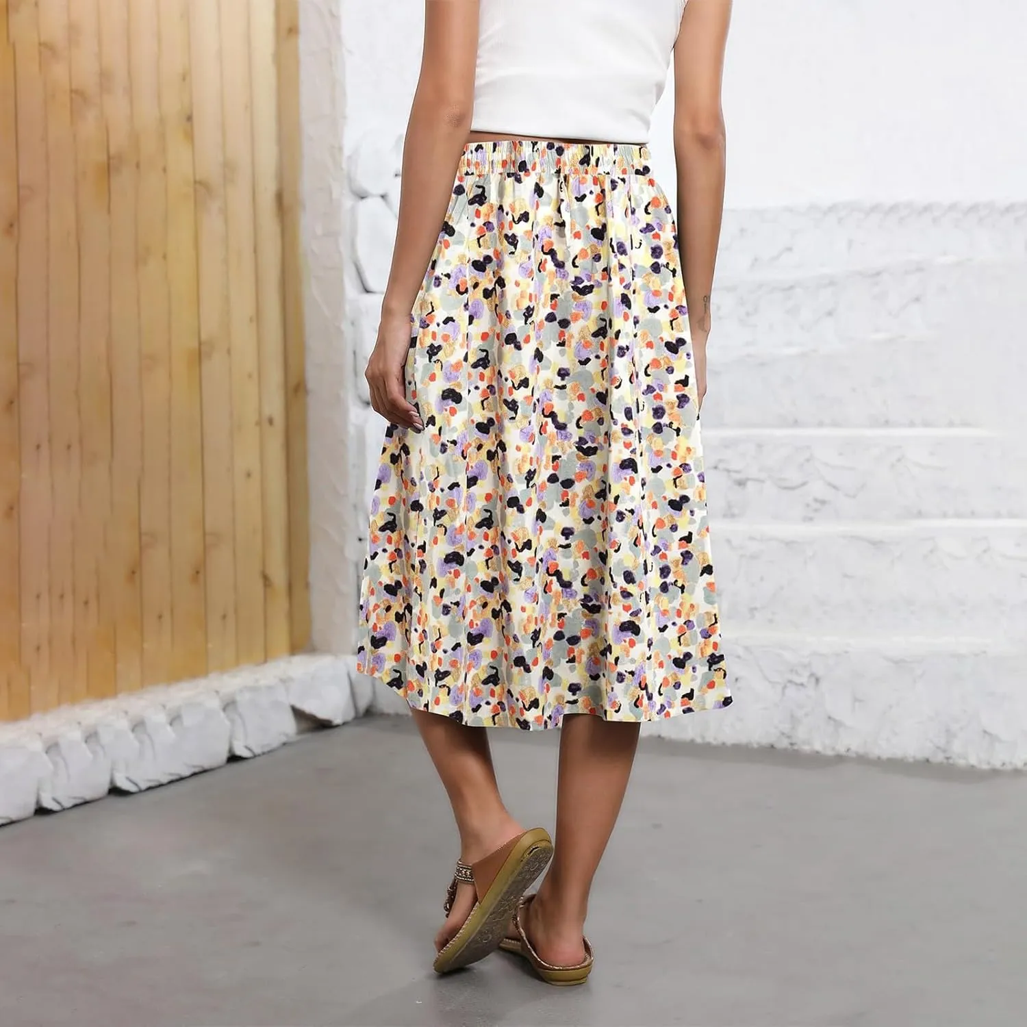 Women's Midi Skirts Summer Elastic Waist Printed/Solid Flowy Skirts Trendy Pleated Cute A-Line Skirt with Pockets