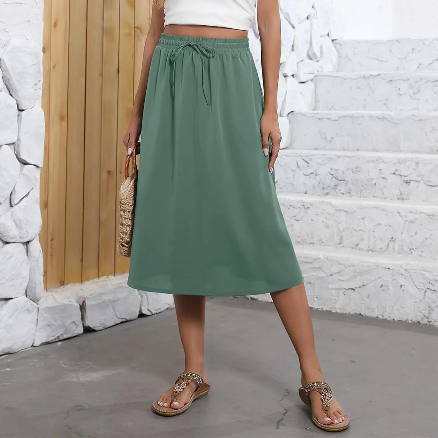 Women's Midi Skirts Summer Elastic Waist Printed/Solid Flowy Skirts Trendy Pleated Cute A-Line Skirt with Pockets