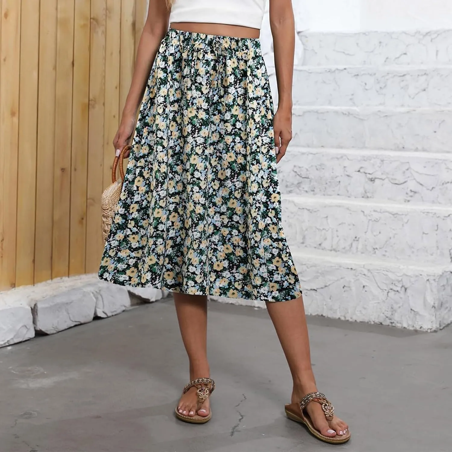 Women's Midi Skirts Summer Elastic Waist Printed/Solid Flowy Skirts Trendy Pleated Cute A-Line Skirt with Pockets