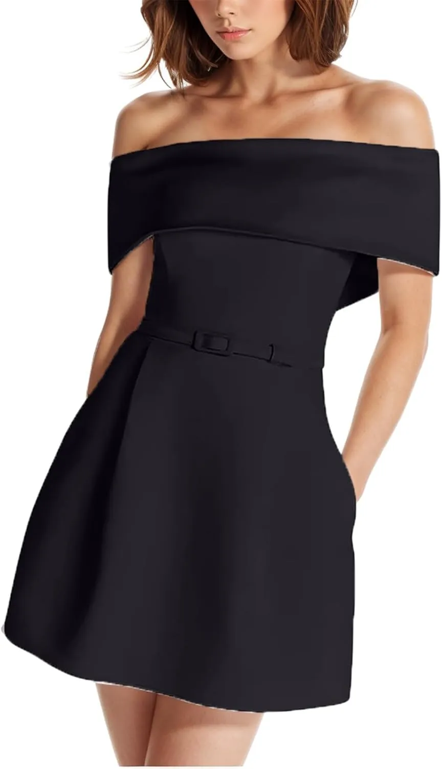 Women's Off Shoulder Ruched Mini Dress Sleeveless Party Club Cocktail Dresses Solid Color Aline Dress with Belt