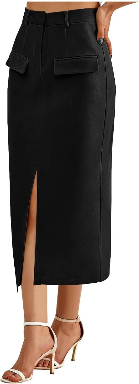 Women's Pencil Skirts Mid Long High Waist A line Midi Skirt Split Hem Skirts for Ladies Office Business Work Dress