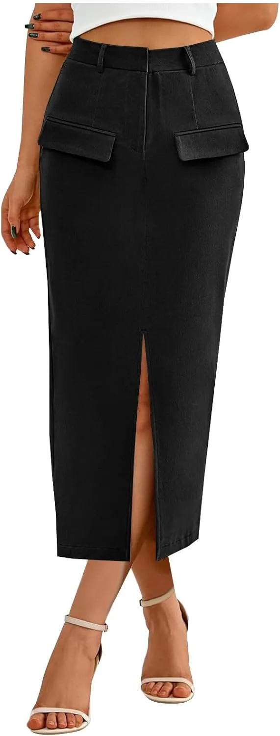 Women's Pencil Skirts Mid Long High Waist A line Midi Skirt Split Hem Skirts for Ladies Office Business Work Dress