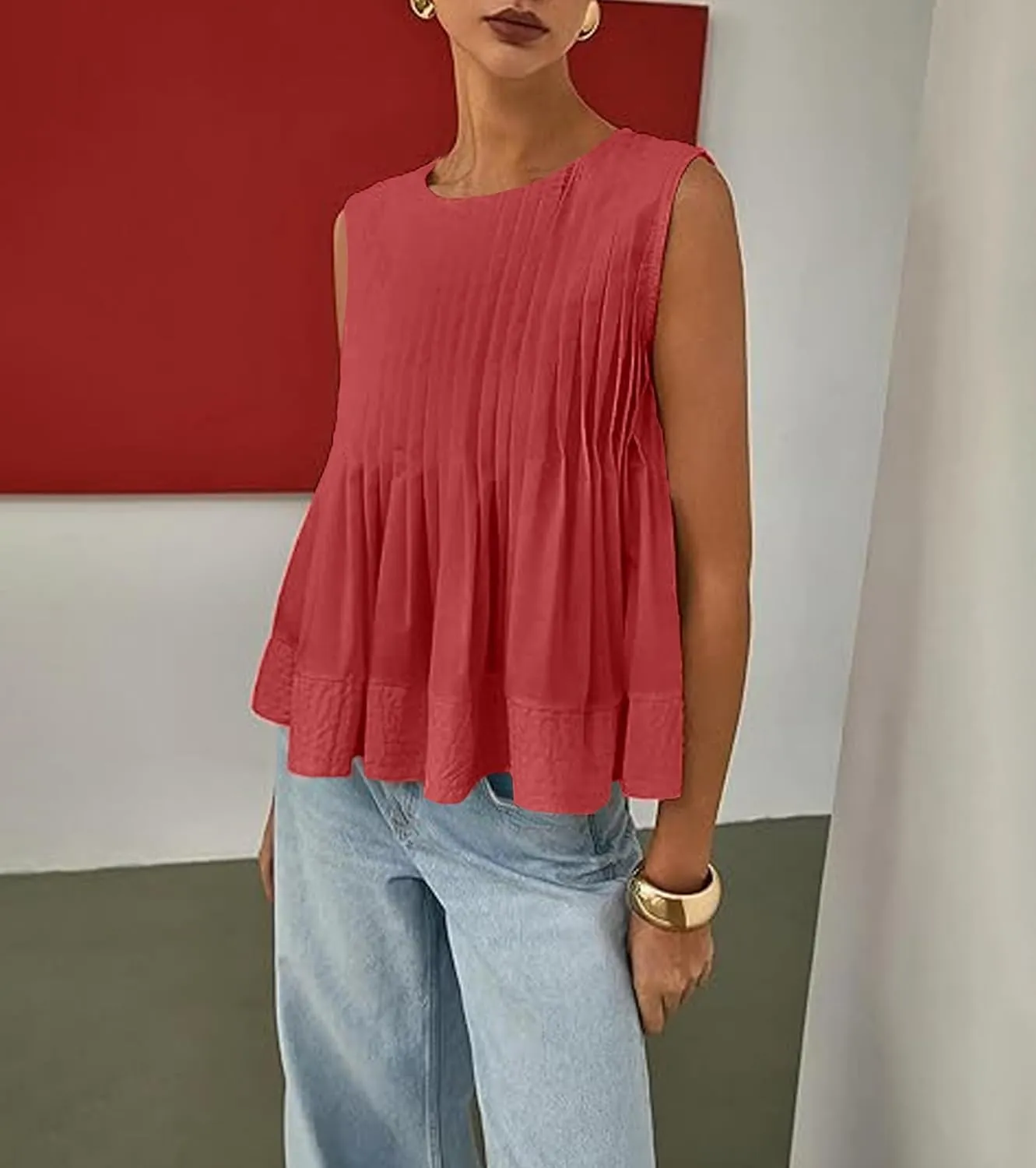 Women's Pleated Peplum Sleeveless Blouses Babydoll Ruffle Hem Tank Tops Y2K Round Neck Blouse Shirt